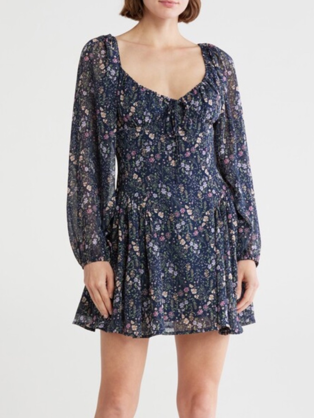 Lush Navy Floral Square-Neck Mini Dress with Puff Sleeves